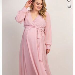 Pink Long Sleeve Bishop Sleeve Wrap Gown with V Neck for Maternity